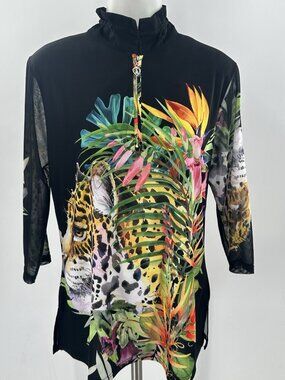 VALENTINA 1/4 Zip Knit Top Sheer 3/4 Sleeves Jungle Tropical Tiger Black Small